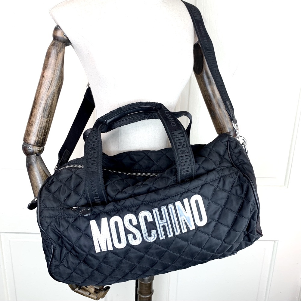 Moschino Quilted Nylon Travel Duffle Bag Black/Silver Logo $795